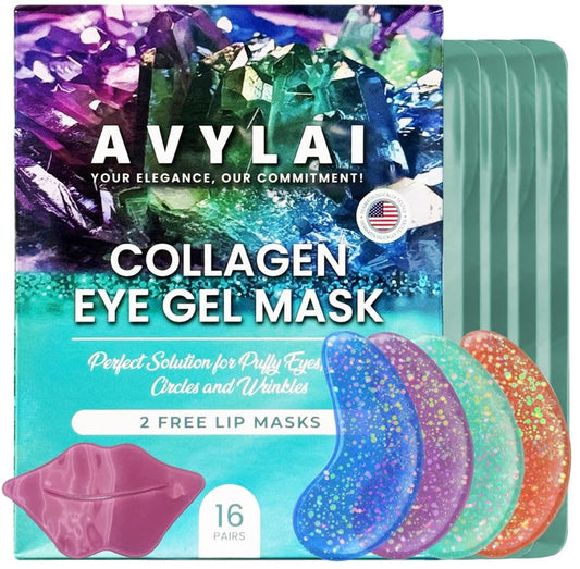 Under Eye Patches(16 Pairs and 2 Lip Masks)-Collagen Eye Gel Pads with Hyaluronic Acid for Puffy Eyes and Dark Circles-Under Eye Mask Patches for Cooling and Relaxation-Vegan and Cruelty-Free