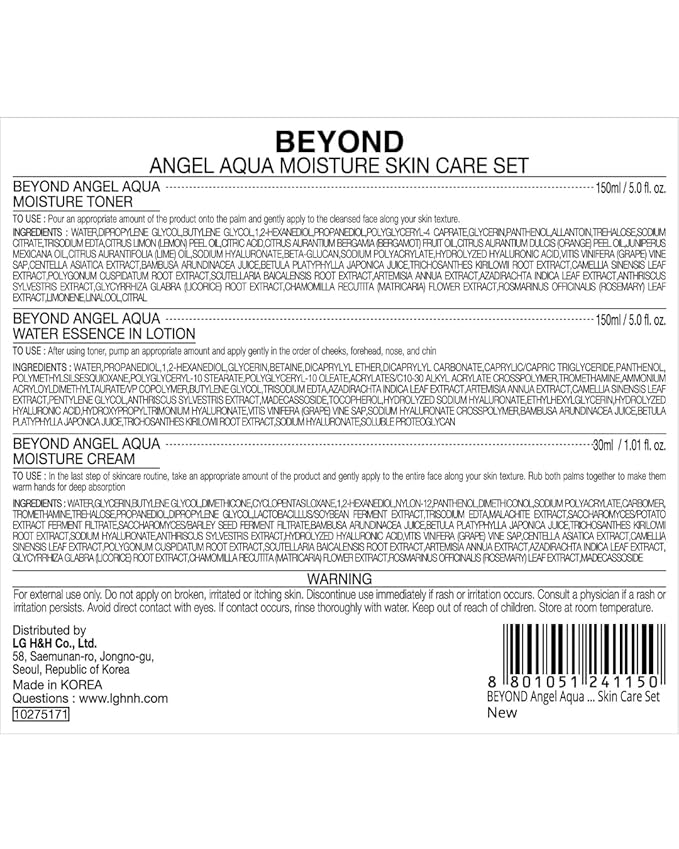 BEYOND Angel Aqua Moisture Skincare Set (11.2fl oz , 3-Piece Set) - Vegan Formula Korean Skin Care for Dry & Rough Skin. Toner & Emulsion. Hyaluronic Acid, Cica, Pantenol