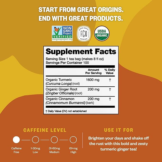 FGO Organic Turmeric Ginger Herbal Tea, 20 Count, Eco-Conscious Tea Bags, Caffeine Free, Resealable Bag, Packaging May Vary (Pack of 1)