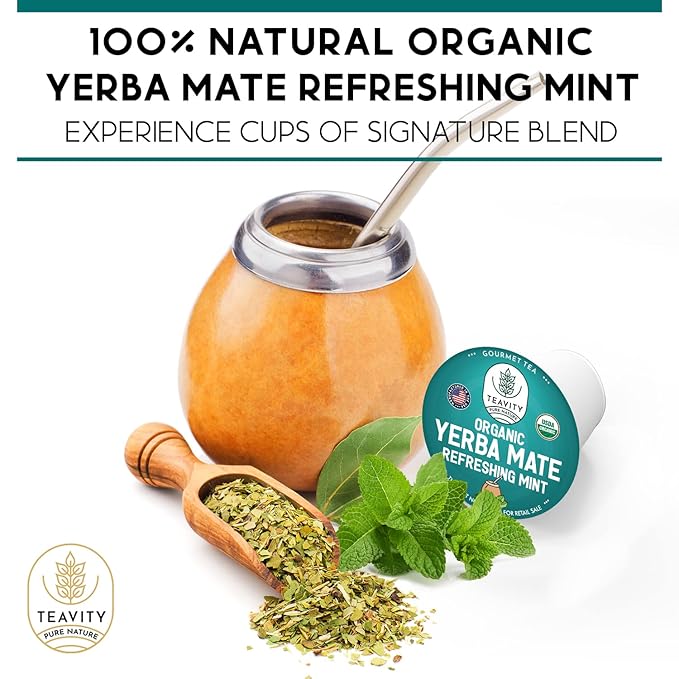 Organic Yerba Mate Refreshing Mint Tea Pods - Naturally Caffeinated Yerba Mate Tea Pod for Keurig Brewers by Teavity (24 Tea Pods)