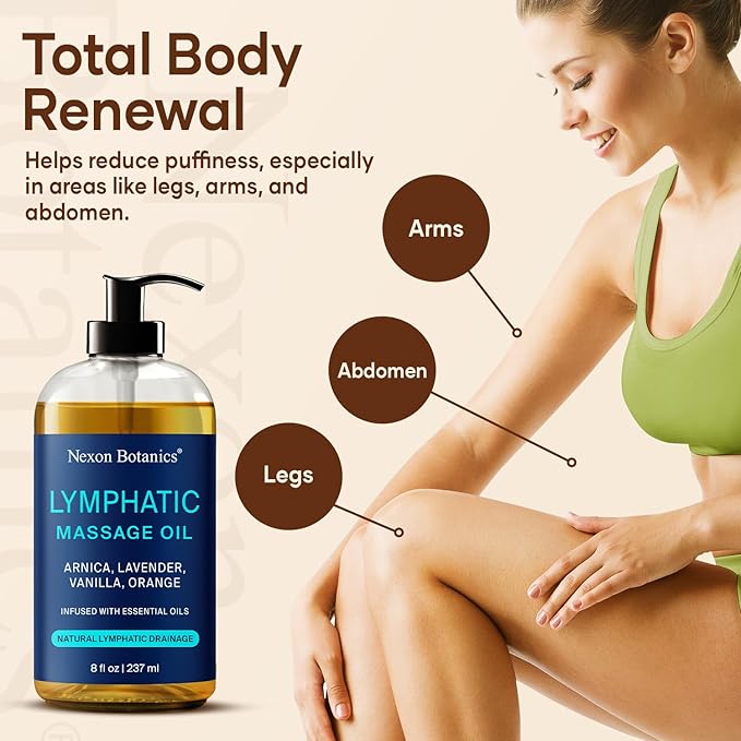 Lymphatic Drainage Massage Oil 8 fl oz - Facial Lymphatic Massage - Muscle Relief & Natural Detox - Arnica, Lavender, Vanilla & Orange - Nexon Botanics