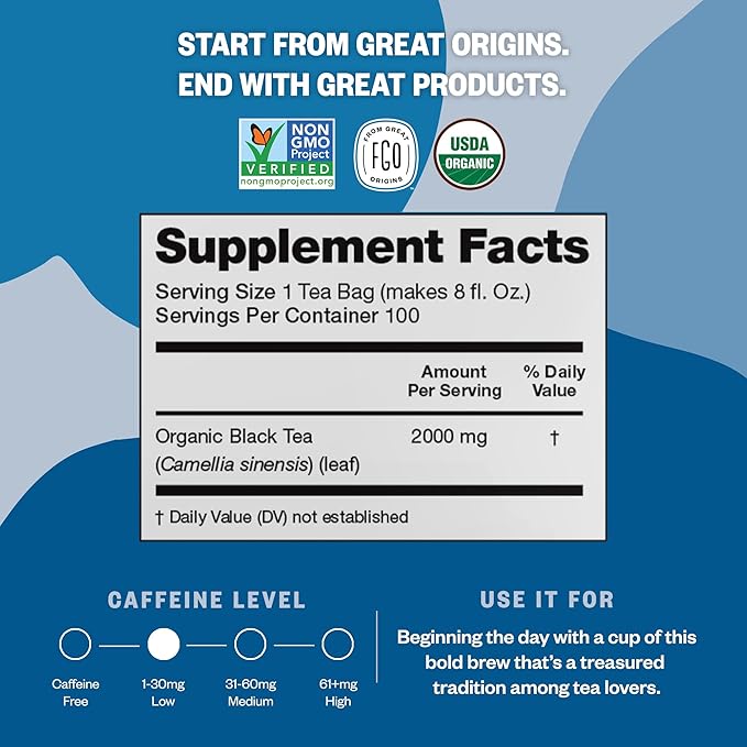 FGO Organic Black Decaf Tea, 100 Count, Eco-Conscious Tea Bags, Resealable Bag, Packaging May Vary (Pack of 1)