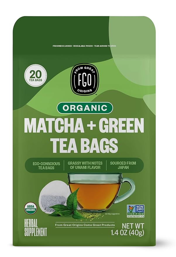 FGO Organic Japanese Matcha + Green Tea, 20 Count, Eco-Conscious Tea Bags, Resealable Bag, Packaging May Vary (Pack of 1)