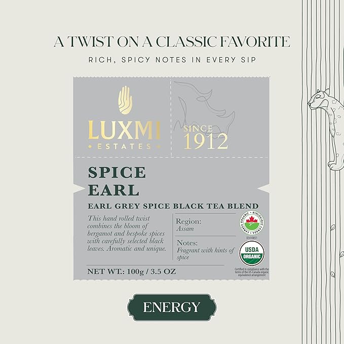 Luxmi Estates - Spice Earl - Spiced Earl Grey Tea - Loose Leaf - 100g (50 Cups) | Assam Black Tea with Natural Bergamot Extracts and Chai Spices | A Great Morning Cup as an Alternative to Coffee