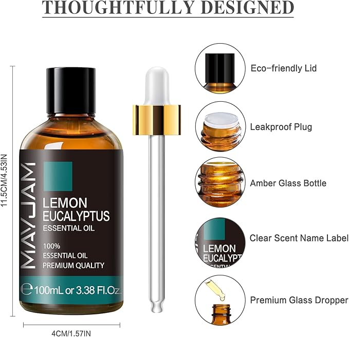 Lemon Eucalyptus Essential Oil, MAYJAM 3.38FL.OZ/100ML Large Volume Lemon Eucalyptus Oil with Premium Glass Dropper, Perfect for Soaps, Candles, Diffuser