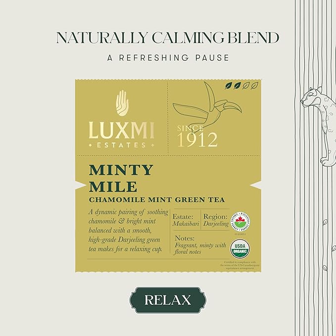Luxmi Estates Minty Mile Chamomile Mint Green Tea 25 Tea Bags (50g) Pack | Certified Organic Green Tea | Low Caffeine Chamomile Tea | Mint Tea Bags Best for Night Time | 50 Cups