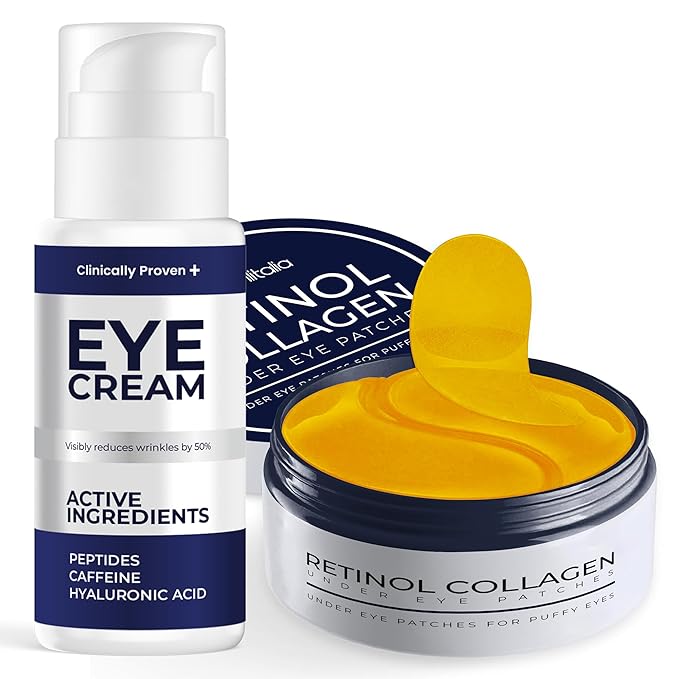 Under Eye Care Bundle: Eye Cream for Dark Circles, Puffiness & Bags with Retinol, Hyaluronic Acid & Caffeine + 30 Pairs Under Eye Patches for Dark Circles & Wrinkles, Anti-Aging Collagen Eye Masks for