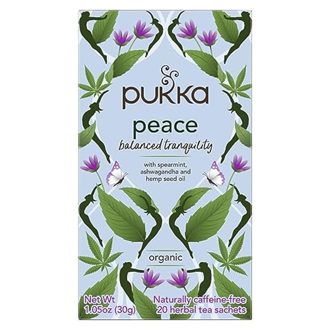 Pukka Organic Tea Bags, Peace Herbal Tea with Spearmint, Ashwagandha, and Hemp Seed Oil, Perfect for Balanced Tranquility, Caffeine Free, 20 Count (Pack of 4), 80 Bags