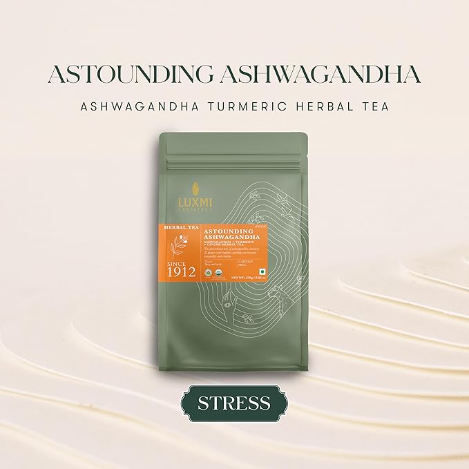 Luxmi Estates Astounding Ashwagandha Root Loose Tea 250g Pack | Certified USDA Organic Herbal Tea For Stress Support | With Turmeric, Ginger, Lemongrass & More | 125 Cups