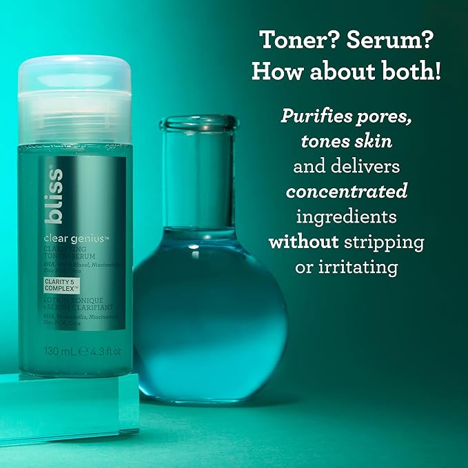 Bliss Clear Genius Clarifying Toner + Serum - 4.3 Fl Oz - Purifies Pores, Tones, Calms & Clears Skin - Salicylic Acid, Niacinamide & Witch Hazel - Clean Paraben Free - Vegan & Cruelty-Free