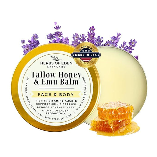 Organic Tallow Honey Emu Oil Balm Grass Fed Handmade Moisturizing Tallow For Face and Body for Eczema Rosacea Rashes All Ages All Skin Types Healing Hand Balm | Made in USA