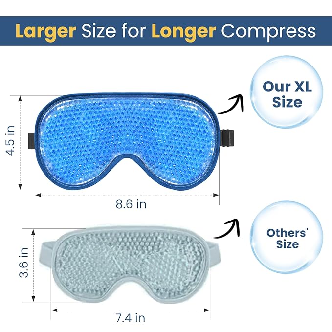 BeeVines Cooling Eye Mask, 2 Pack XL Jumbo Size Freezer Gel Eye Masks for Puffy Eyes Face, Ice Eye Mask, Cold & Warm Compress, Frozen Ice Pack for Post Eye Surgery & Allergies(Navy Blue)