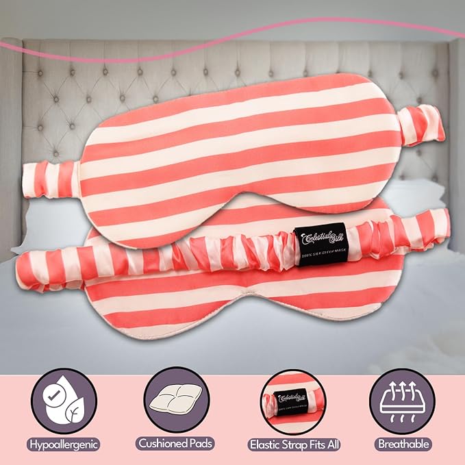 CELESTIAL SILK Mulberry Silk Sleep Eye Mask with Adjustable Elastic Strap (Normal - Adjustable, Pink/White Stripe)