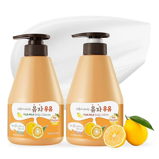 WELCOS Kwailnara Yuja Milk Body Lotion & Body Wash Set – Moisturizing & Revitalizing Korean Skincare Bundle with Yuja Extract, 560g / 19.75oz Each