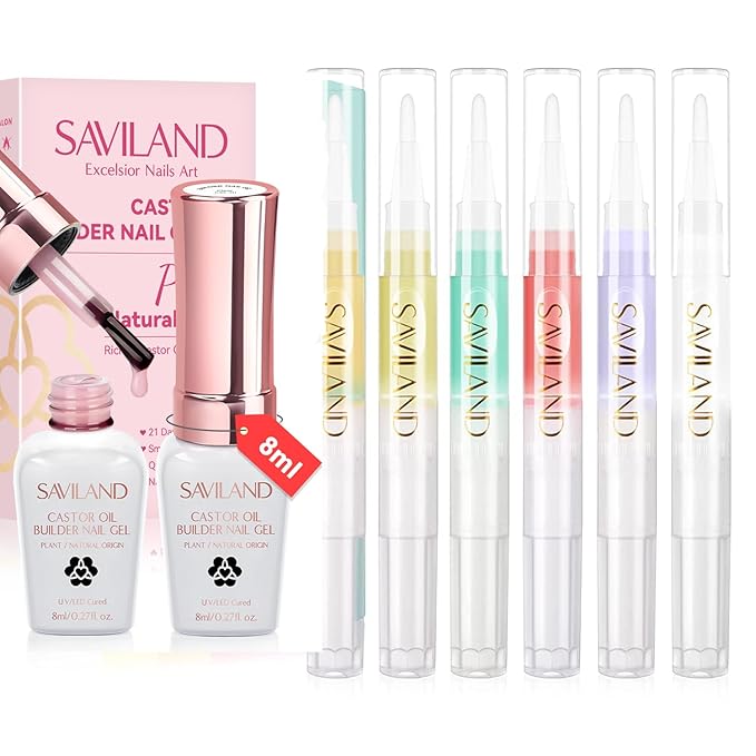 SAVILAND 6PCS Natural Cuticle Oil Pen with Clear Pink Gel Builder for Nails