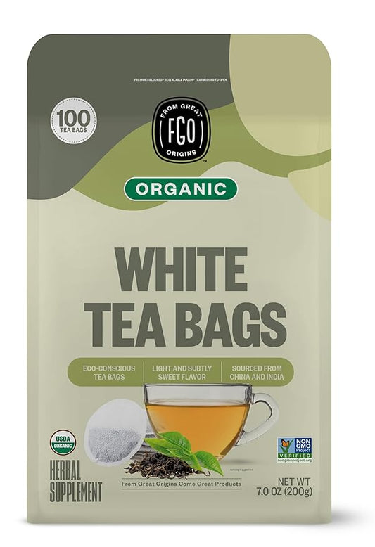 FGO Organic White Tea, 100 Count, Eco-Conscious Tea Bags, Resealable Bag, Packaging May Vary(Pack of 1)