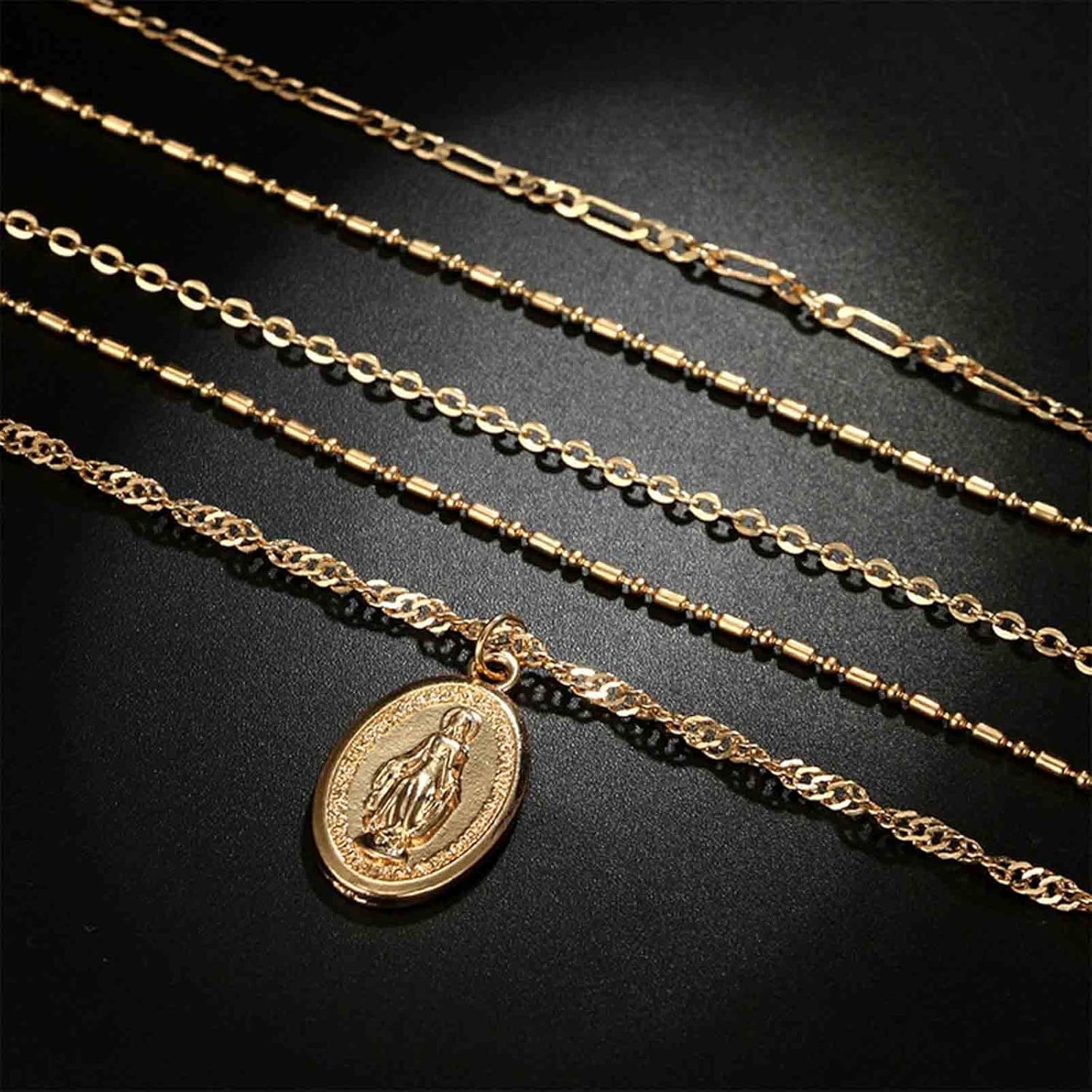 Boho Layered Oval Coin Necklace Choker Gold Virgin Mary Necklace Figaro Chain Necklace Vintage Multilayer Necklace Chain Jewelry for Women and Girls