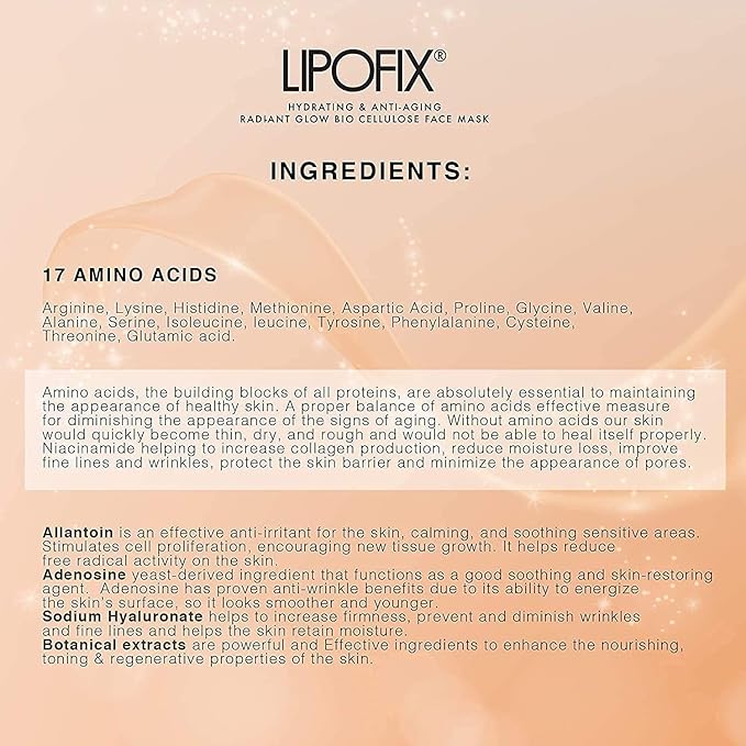 Anti Aging Lifting Hydrating Facial Bio Cellulose Face Mask Sheet For Fine Line Reducing And Skin Radiance. Made in Korea (6 MASKS)