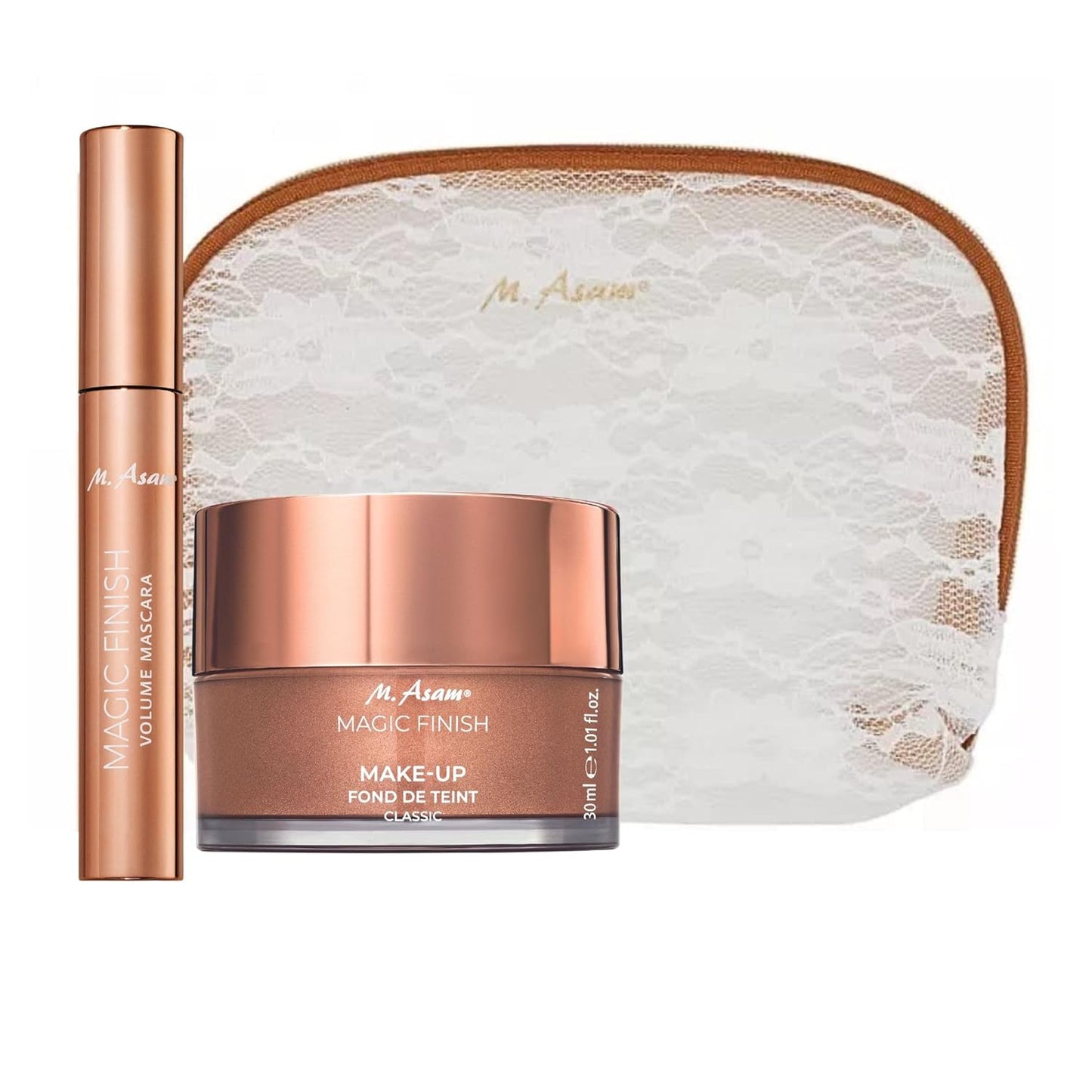 M. Asam MAGIC FINISH Gift Set With XXL Make Up Mousse (1.69 Fl Oz) 4in1 Primer, Foundation, Concealer & Powder + Mascara (0.33 Fl Oz) For XXL Volume & Intense Color With Exclusive Make Up Bag (1pc.)