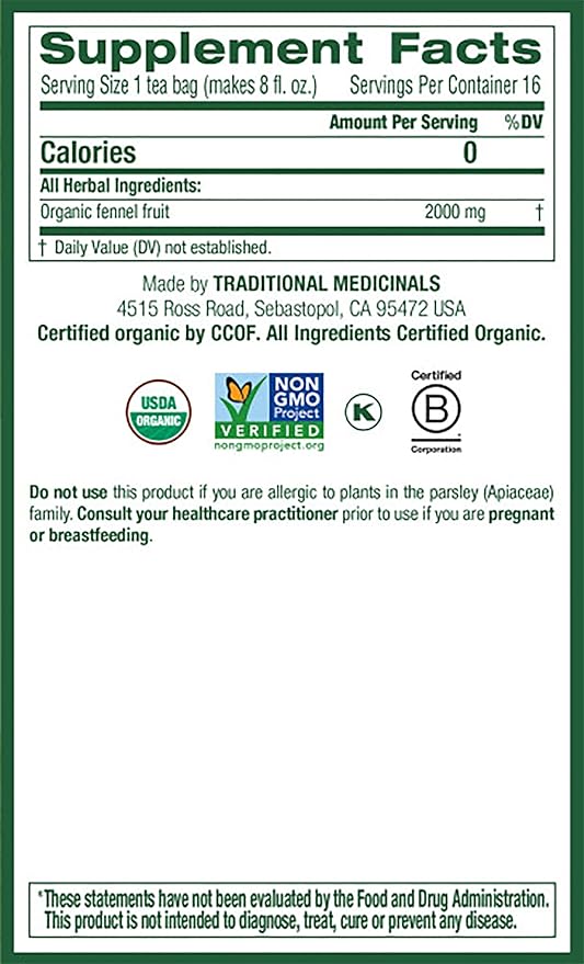 Traditional Medicinals Organic Fennel Herbal Tea, Promotes Digestive Health, (Pack of 2) 32 Tea Bags Total
