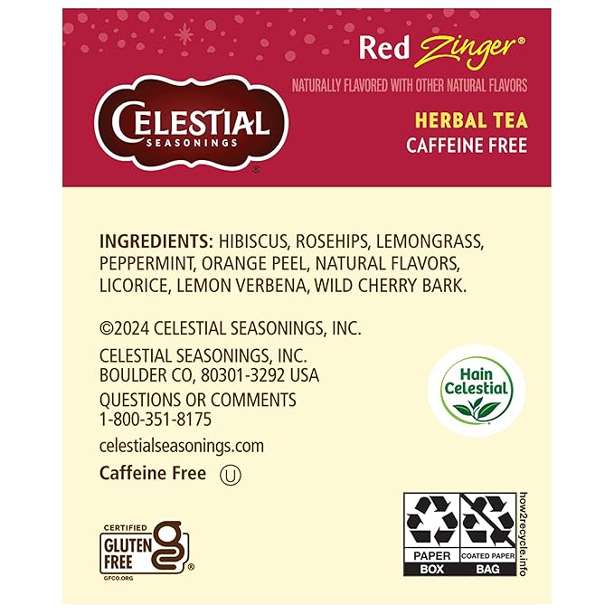 Celestial Seasonings Hibiscus Tea, Red Zinger Herbal Tea, Caffeine Free, 20 Tea Bags