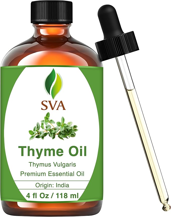 SVA Thyme Essential Oil – 4 Fl Oz – 100% Natural Thyme Oil - for Diffuser, Hair Care, Face, Skin Care, Aromatherapy, Scalp and Body Massage, Soap and Candle Making – with Dropper