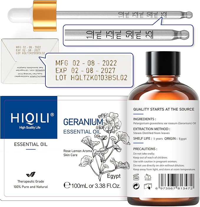 HIQILI 100ML Geranium Essential Oil for Skin, Diffuser & Candle, 100% Pure and Natural - 3.38 Fl Oz