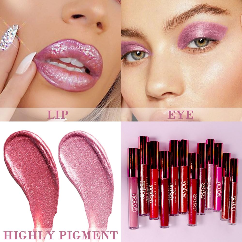 evpct 2Pcs Wine Red Plum Red Matte to Glitter Liquid Lipstick Set Kit for Women Long Lasting Glossy Metallic Shimmer Sparkle Lipstick Lip Gloss 6+15