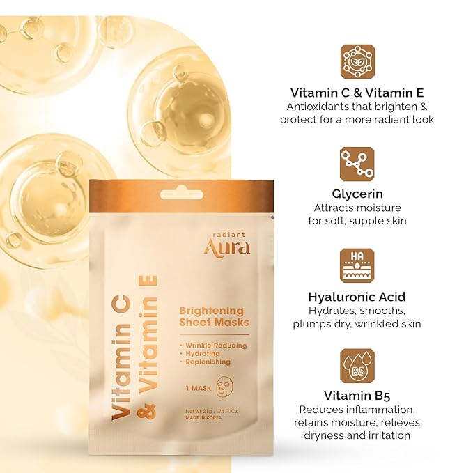 Face Sheet Mask with Vitamin C & E - Dermatologist Tested Korean Beauty Mask for Brightening & Deep Hydration - Premium Facial Treatment for Glowing & Rejuvenated Skin - 5 Pack