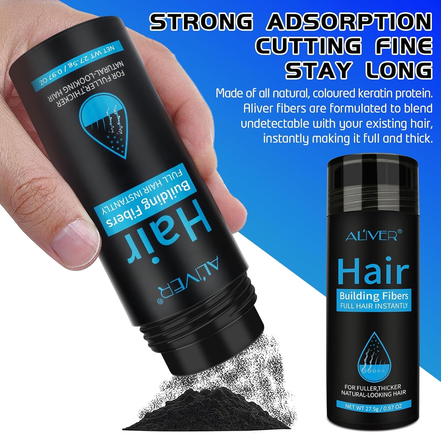 Aliver Hair Fibers for Thinning Hair - Black - 27.5Gr,Undetectable Natural Formula, Thicker Fuller Hair in 15 Seconds, Conceals Hair Loss, Look Younger, for Men & Women Patchy Bald Spot,Crown