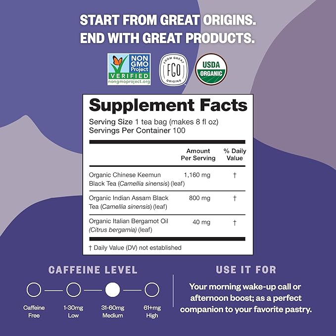 FGO Organic Earl Grey Black Tea, 100 Count, Eco-Conscious Tea Bags, Resealable Bag, Packaging May Vary (Pack of 1)