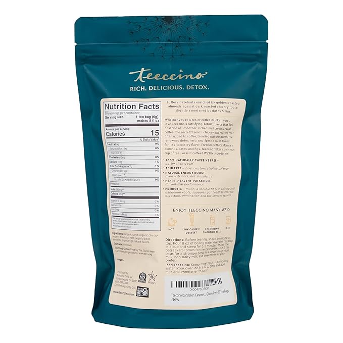 Teeccino Dandelion Caramel Nut Tea - Caffeine Free, Roasted Herbal Tea with Prebiotics, 3x More Herbs than Regular Tea Bags, Gluten Free - 50 Tagless Eco-Friendly Tea Bags