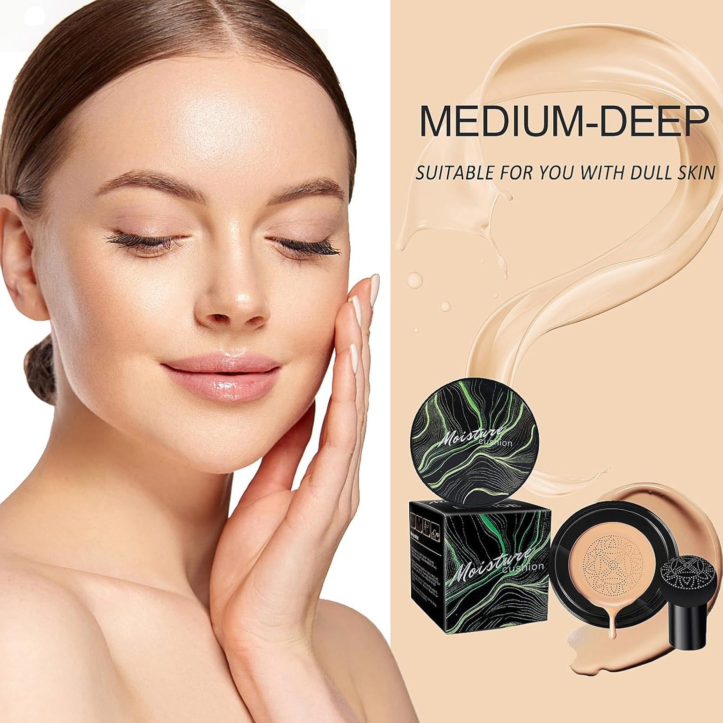 2 PCS Mushroom Head Air Cushion CC Cream - Long-Lasting Brightening BB Cream Foundation With Powder Puff for Face Makeup and Mature Skin (Natural