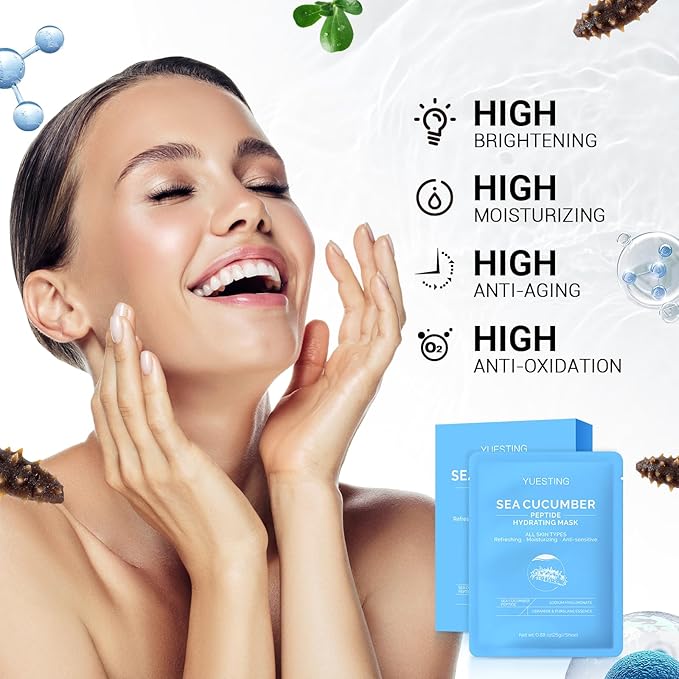 Face Mask Skincare 6 Pack,Sea Cucumber Peptide Facial Masks,Sodium Hyaluronate Ceramide Formulated Facial Masks Deep Moisturizing Face Masks
