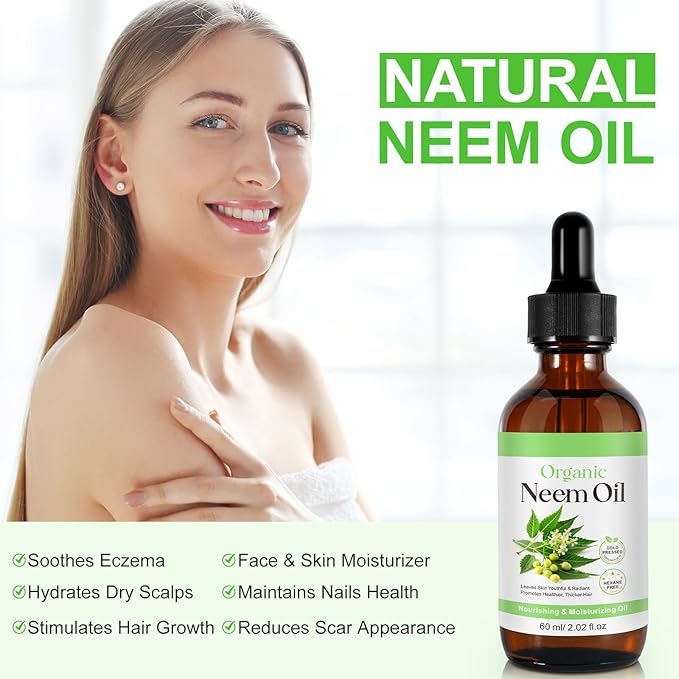 Neem Oil for Skin - 2 Pack, Pure Natural Cold Pressing, Free of Hexane, Nourishes the Skin and Hair, Reduces Fine Lines, 4.04 Oz