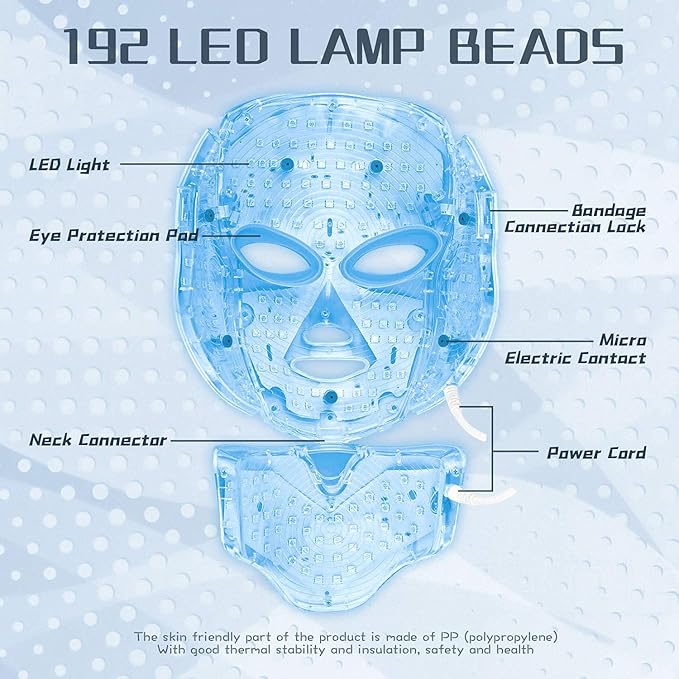 LED FACIAL LIGHT THERAPY MASK-Led Face Mask Light Therapy, 7 Led Light Therapy Facial Skin Care Mask - Blue & Red Light for Acne Photon Mask - Skin Care Mask for Face and Neck.White