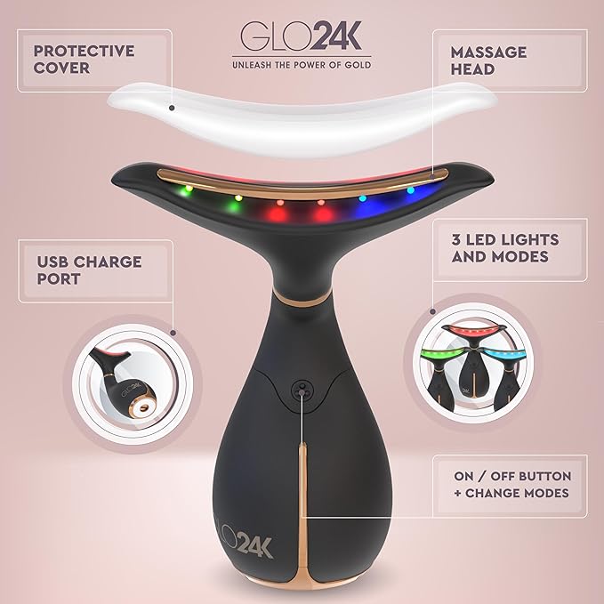 GLO24K Red Light Beauty Device for Face and Neck. Based on Triple Action L E D, Thermal, and Vibration Technologies.