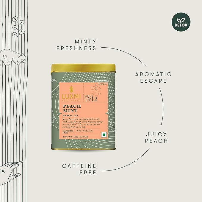 Luxmi Estates - Peach Mint Tea - 100g (50 Cups) | USDA Certified Organic Herbal Tea | Caffeine-Free