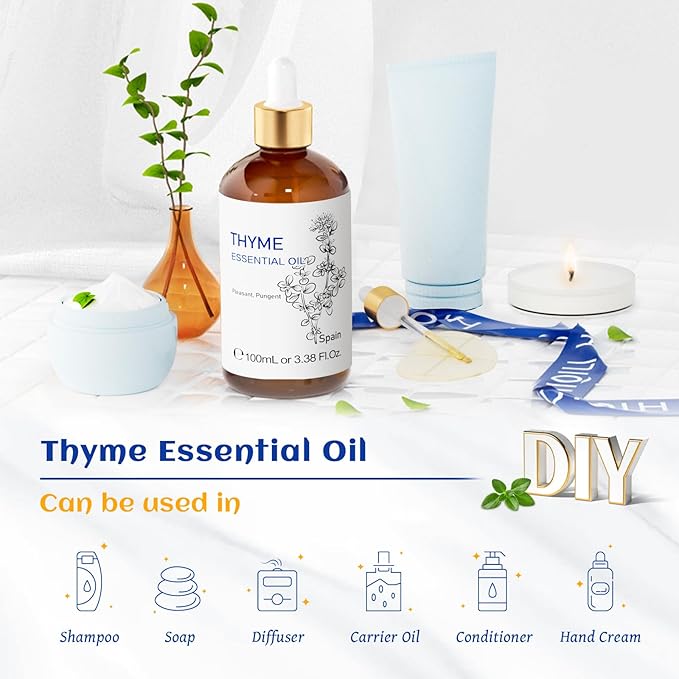 HIQILI 3.38 Fl Oz Thyme Essential Oil, 100% Pure Undiluted for Hair, Skin, Diffuser, Aromatherapy, Includes 10ML Travel Bottle - 100ML