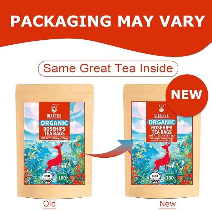 WT WEETEE Organic Rosehips Tea Bags, Made with 100% Natural & Pure Crushed Rose Hips, Natural Caffeine-free Herbal Tea 2g x 100 Counts
