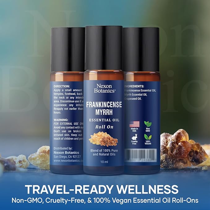 Frankincense & Myrrh Essential Oil Roll-On 10ml - 100% Pure, Natural Oil for Aromatherapy & Skin Care - Nexon Botanics