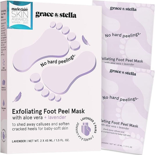 grace & stella Award-Winning Foot Peel Mask - Foot Peeling Mask with Aloe Vera - Moisturizing Foot Mask for Dry Cracked Feet - Foot Exfoliator for Baby Soft Feet (2 Pairs, Lavender)