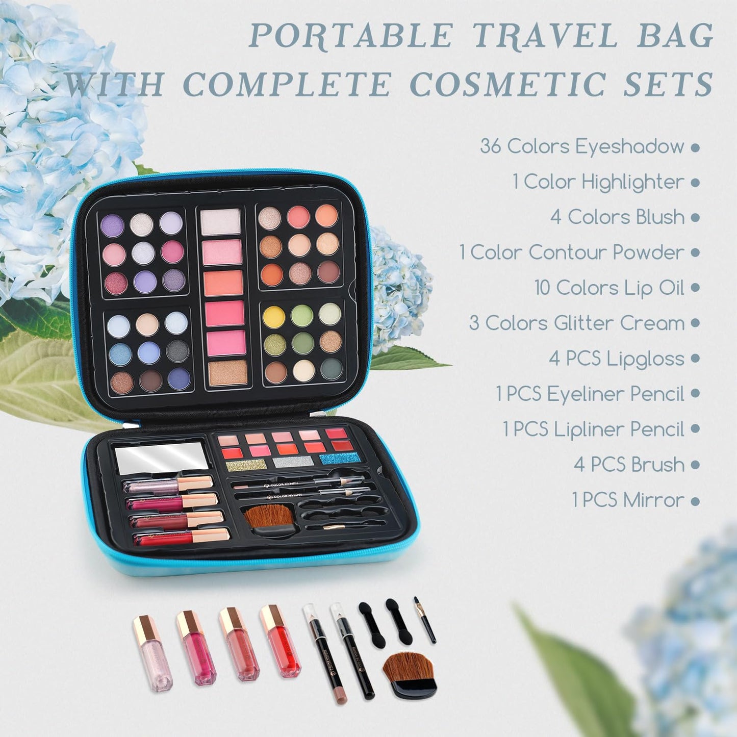 Color Nymph Makeup Palettes Makeup kits for Girls Any Ages, Teens Makeup Pallet for Beginner with Reusable Handbag, Eyeshadow Palette with Blushes Bronzer Highlighter Lipgloss Lip Oil Brushes Mirror
