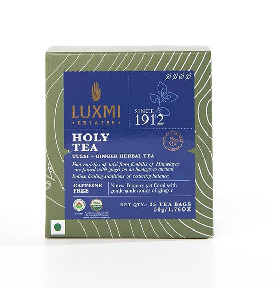 Luxmi Estates - Holy Basil - Organic Tulsi Tea - 25 Tea Bags | With Tulsi and Ginger | Provides Immune Support, Stress Relief and Uplifts Mood