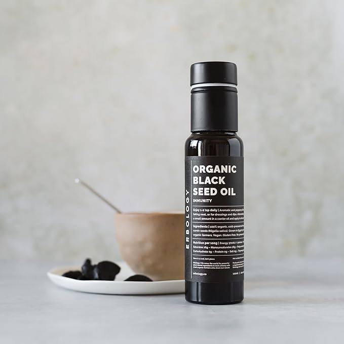 Erbology Organic Black Seed Oil 3.4 fl oz - Nigella Sativa - Cold-Pressed - Over 2.5% Thymoquinone - Supports Digestive Health and Immunity - Non-GMO - No Additives or Preservatives