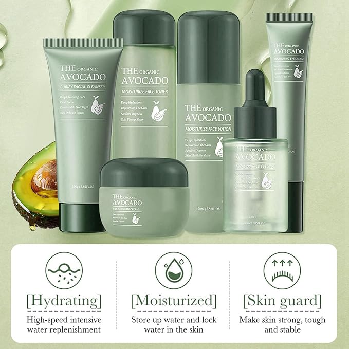 Avocado Skin Care Set, Face Skin Care Set For Women, Skin Care Kit for Women Teens - Cleanser, Toner, Face & Eye Cream, Serum, Facial Lotion, 6PCS Skincare Gift Set Anti-Aging Smooth Hydrating Skin