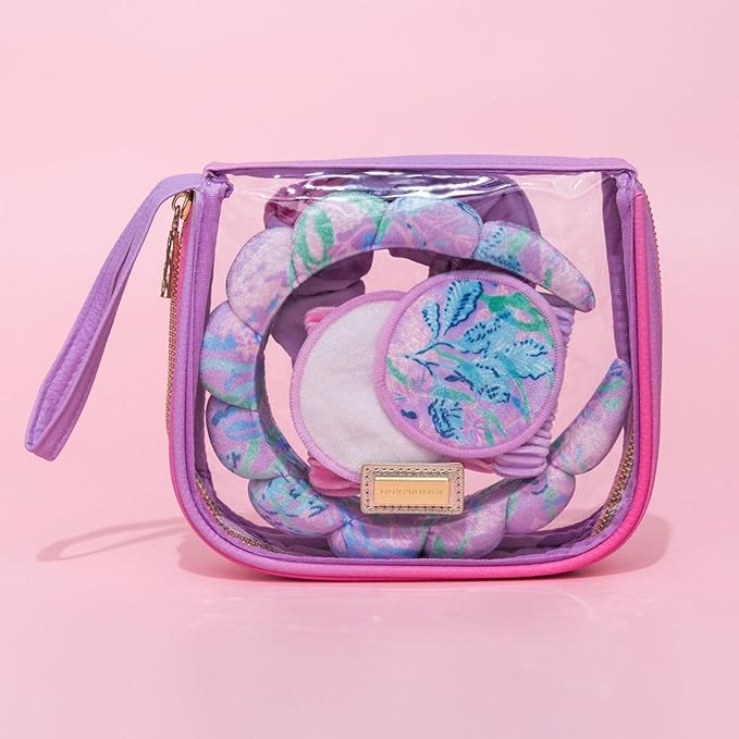 Lilly Pulitzer Self Care Kit, Spa Gift Set for Women with Spa Headband, 2 Face Wash Pads, 2 Wristbands, and Scrunchie, Secret Escape