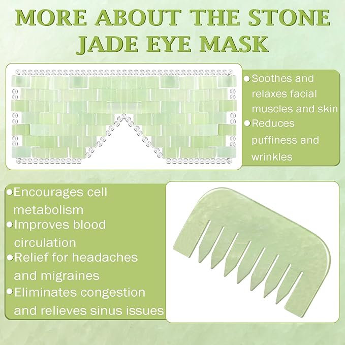 Jade Eye Mask and Jade Comb Set Includes Weighted Eye Mask to Eliminate Wrinkles Puffiness Headache and Migraine Relief Handheld Natural Jade Massage Comb for Head Caring Therapy