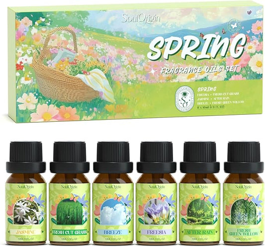 Spring Fragrance Oils Set, Essential Oil Gift Set for Diffuser, Spring Scent Diffuser Oil, Diffuser Scents Oil for Home,Freesia,Breeze,Fresh Green Willow,Fresh Cut Grass,Jasmine, After Rain