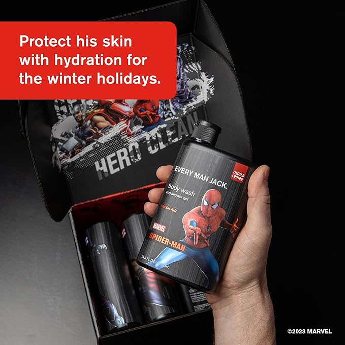 Every Man Jack Marvel Collectors Box Body Wash Gift Set - Includes Four Body Washes with Clean Ingredients - Marvel-Inspired Fresh Air, Coastal Thunder, Crimson Oak, and Wakanda Herbs Fragrances